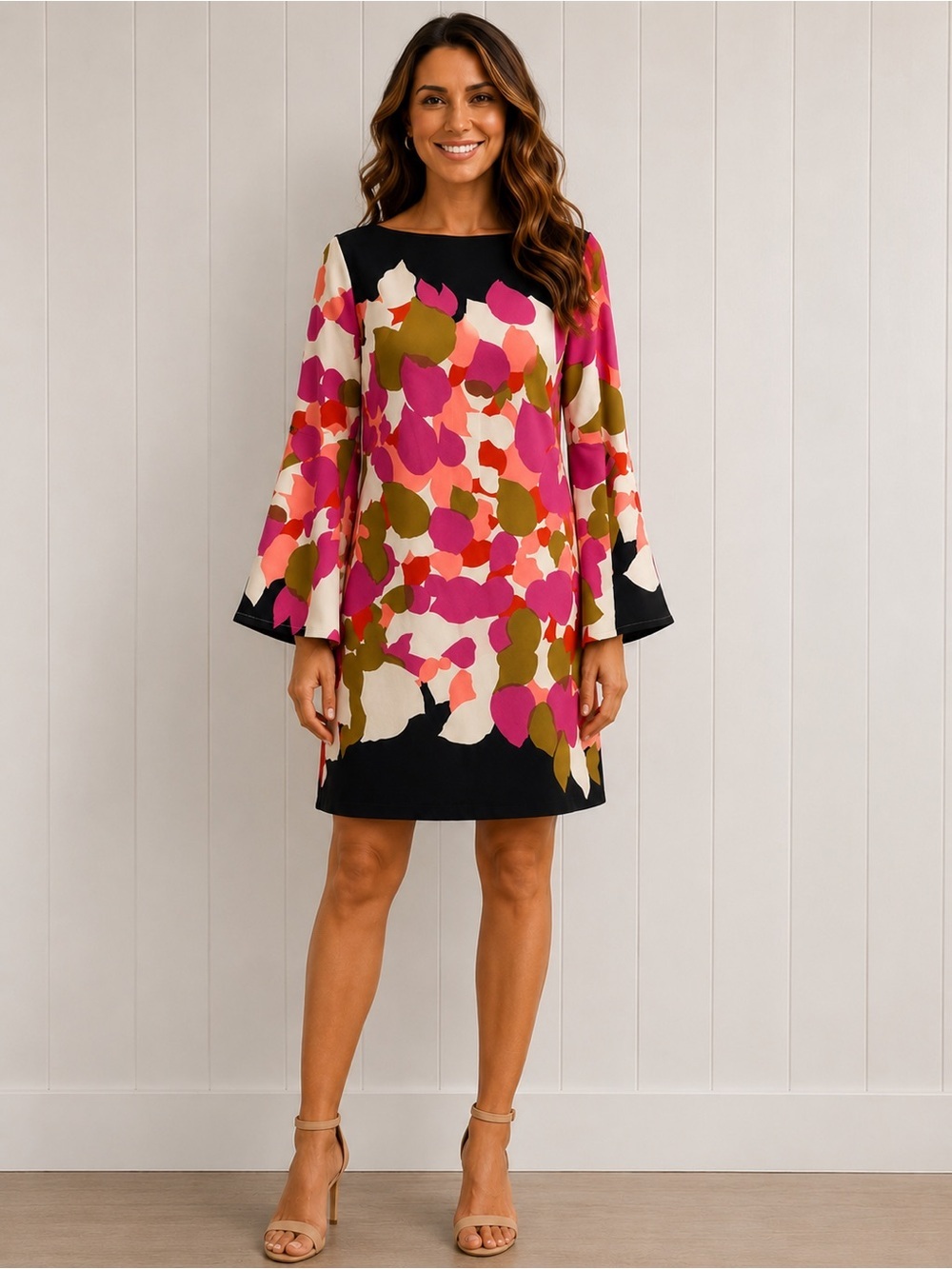 Floral Shift Dress Work Career Feminine Pink Black Flowy Statement Sleeve Size 2